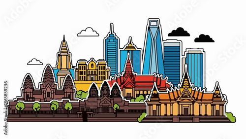 Stylized cityscape features ancient temples alongside modern skyscrapers and clouds