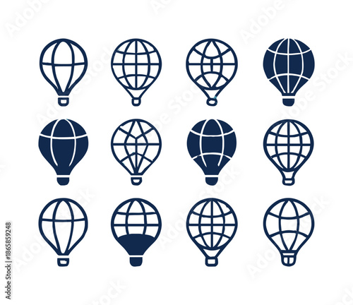 Hot Air Balloon Logos. hot air balloons. Icon set. Set Logo of hot air balloons: balloon with world globe panels. harmonious logo variations of the same