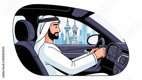 A man wearing a thobe and ghutra drives a car through a city