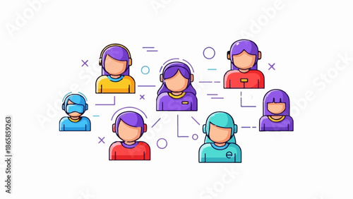 A stylized network of diverse people connected by lines and abstract shapes