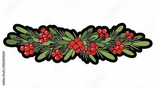 A stylized sprig of holly with red berries and green leaves adorns