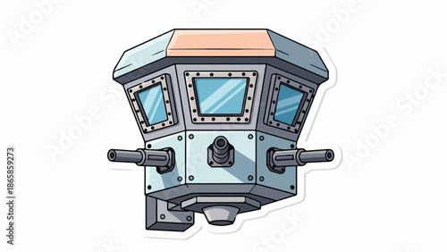 A futuristic hexagonal turret with windows and cannons on a white background