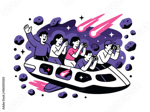 Interstellar Tourist Adventure. Celestial sightseeing. A spaceship cruises through an asteroid field with tourists snapping photos of glowing comets and stars.