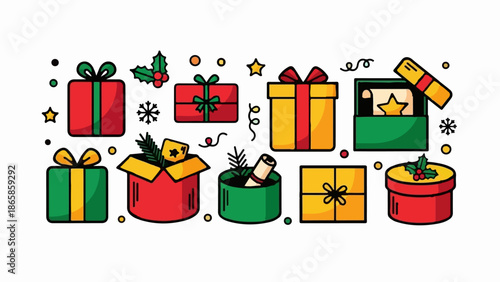 A festive collection of assorted gift boxes adorned with bows and holiday elements, rendered in a charming flat illustration style
