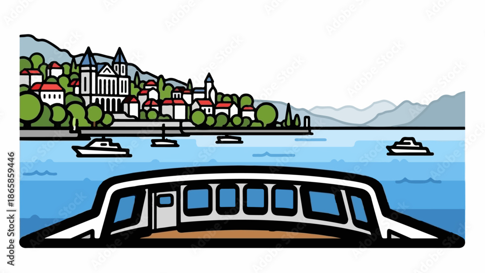 Obraz premium View of a coastal town with boats on the water from a moving vessel