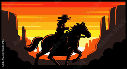 Silhouette of a cowboy riding a horse through a canyon at sunset