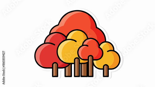 A stylized cluster of autumnal trees in red and yellow