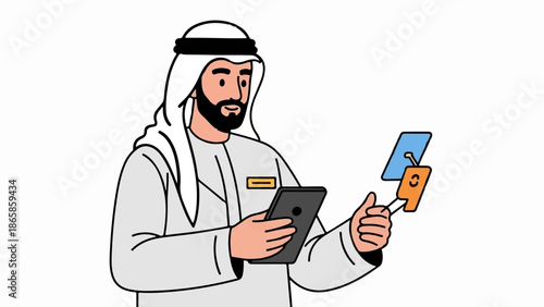 Man in traditional attire engages with digital devices, showcasing modern connectivity