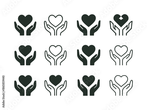 Poverty Alleviation Icons. poverty alleviation. Icon set. Set Logo of poverty alleviation: open hands holding heart. harmonious logo variations of the same