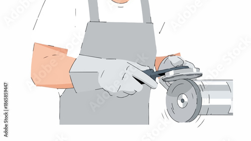 Worker in apron and gloves grinds metal pipe with rotary tool