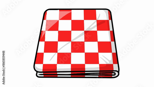 A folded checkered cloth, red and white squares, creating a traditional picnic aesthetic