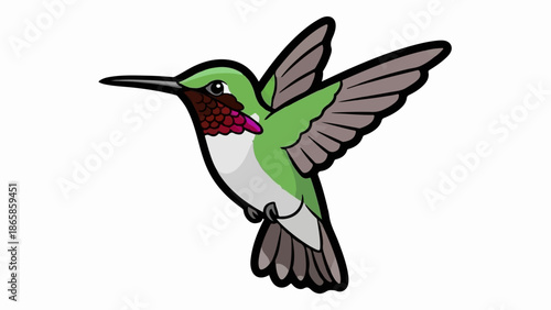 A cartoon hummingbird with green feathers and a red throat hovers with wings spread