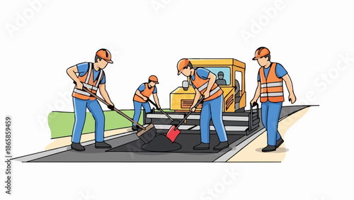 Workers paving road, asphalt, truck, safety vests, helmets, shovels