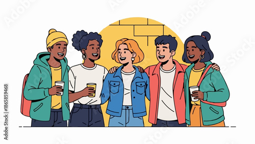 Diverse group of young friends with drinks, smiling and embracing