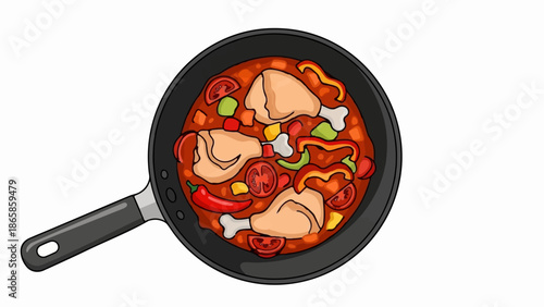 Cartoon style illustration of chicken stew in a frying pan with vegetables and spices