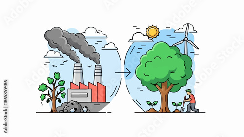 Contrast between industrial pollution and eco-friendly nature