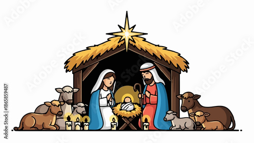 A simplified, cartoon-style nativity scene with Mary, Joseph, baby Jesus, animals, and candles under a starry stable