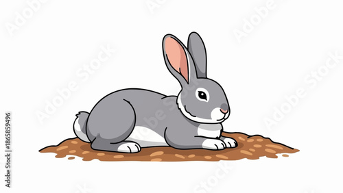A cartoon rabbit with gray fur rests on a dirt mound