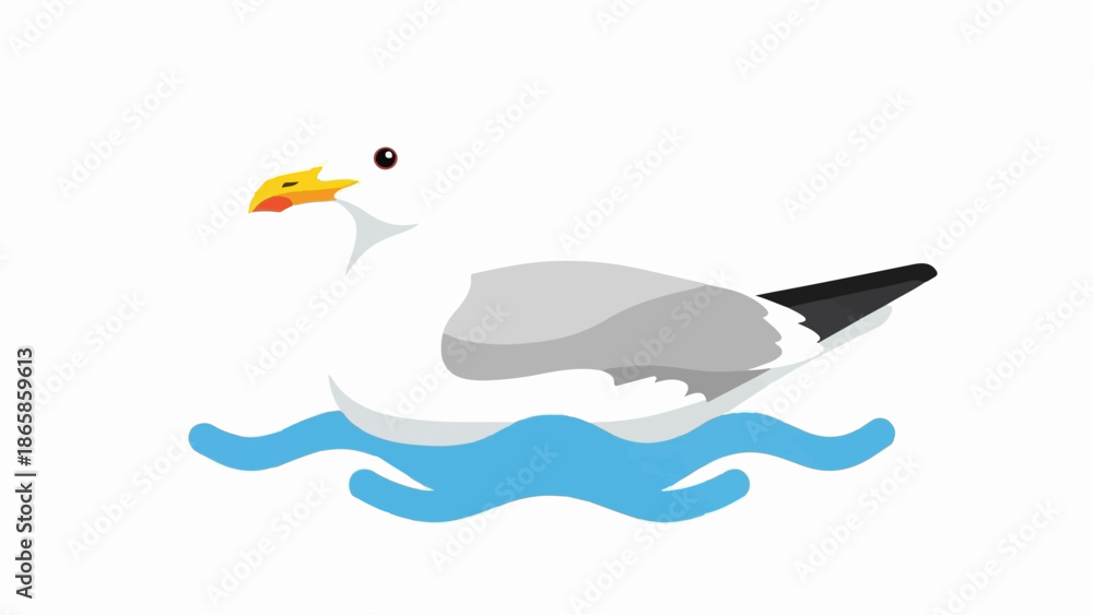 Fototapeta premium A stylized seagull floats on blue water waves, its white and grey body contrasting with its yellow beak