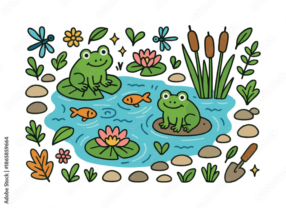 Fototapeta premium Whimsical Pond Scene. Garden Pond. Colorful Hand-drawn doodle Children illustration Garden Pond water lilies, pond stones, fish, reeds, frogs,