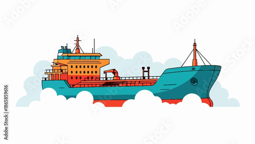 A stylized cargo ship with red and teal colors navigates through white clouds