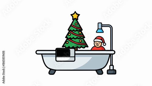 A person in a Santa hat sits in a bathtub with a Christmas tree and shower
