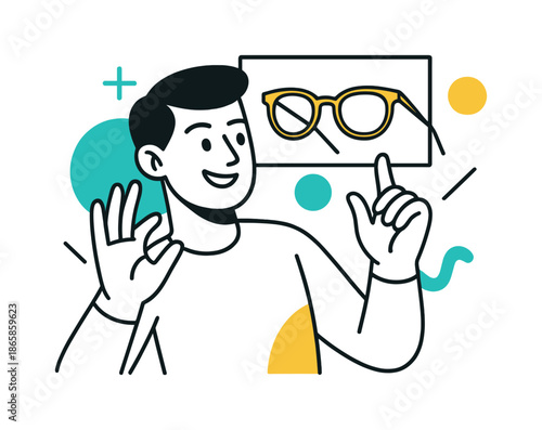 AR Glasses Simulation. Virtual Eyewear Preview. A person looks through an AR overlay where glasses frames float one by one into place, gently rotating for full