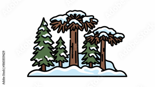 A charming winter scene featuring snow-covered evergreen trees and tall, brown trunks