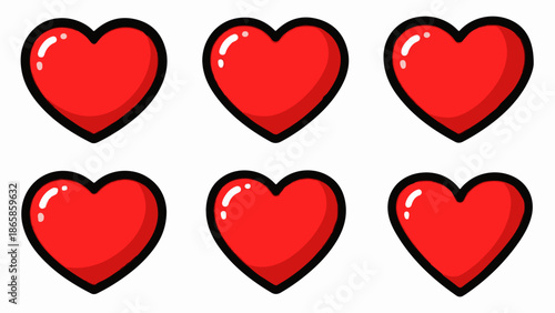 Six bright red, glossy heart shapes arranged in two rows of three