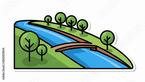 A simplified park scene with a winding river, a wooden bridge, and stylized trees
