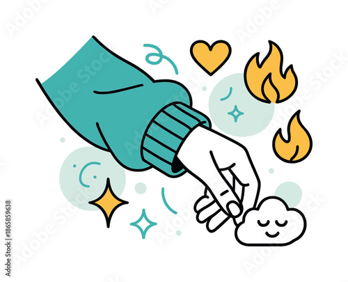 Cozy Sleeve Tug. Pulled-down sleeve. A hand tugging at an oversized sleeve as floating comfort and warmth icons swirl around the fabric. Modern flat-line