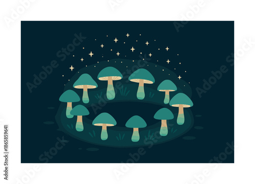 Magical Mushroom Ring. Magical mushroom ring. Circular arrangement of mushrooms pulsing with soft aura; spark-like spores forming a halo. Subtle ground