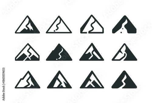 Rock Climbing Icons. rock climbing expeditions. Icon set. Set Logo of rock climbing expeditions: mountain peak with climbing route line. harmonious logo