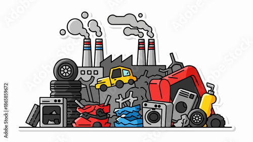 A collection of scrap materials piled against an industrial factory backdrop