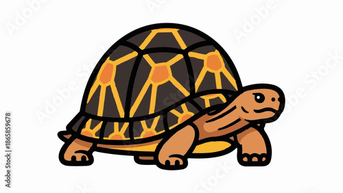 A cartoon turtle with a patterned shell and orange skin walks