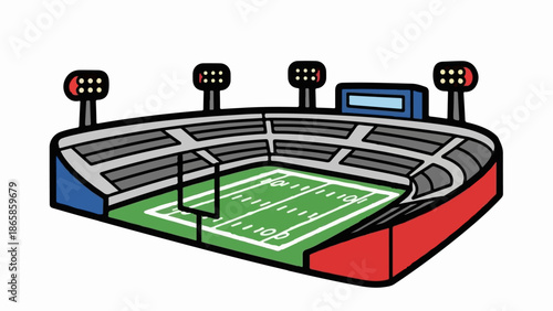 A colorful cartoon illustration of a football stadium with green field and tiered seating