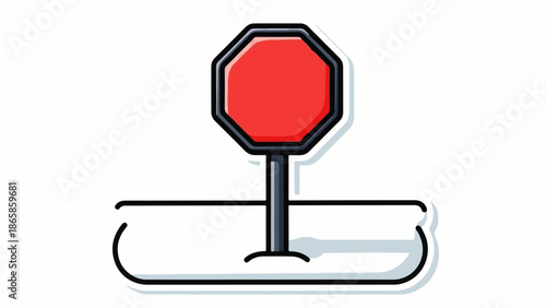 A simplified red octagonal traffic sign on a pole, isolated on a white background