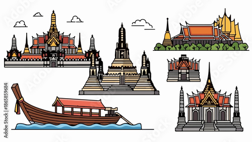 Stylized Thai temples and a longboat on water