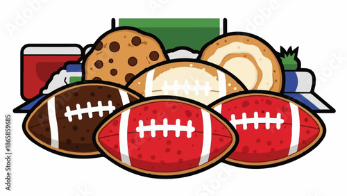 Footballs and treats on a picnic blanket with field background