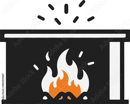 A simplified icon depicts a glowing fireplace with bright orange flames