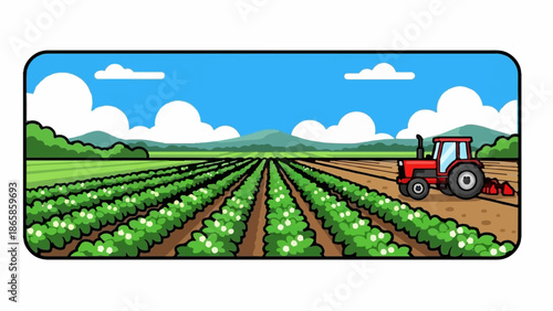 A vibrant red tractor cultivates rows of blooming plants in a sun-drenched field