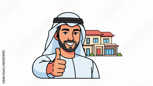 Man in traditional attire gives a thumbs up with a house in the background