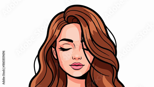 A stylized portrait of a woman with her eyes closed, long brown hair framing her face