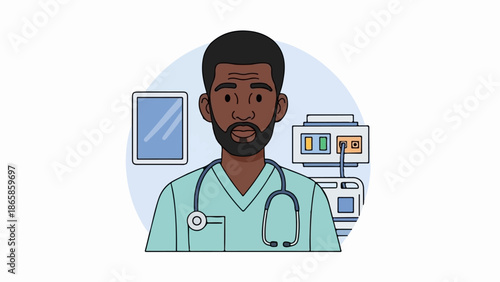 A friendly medical professional with a stethoscope and medical equipment