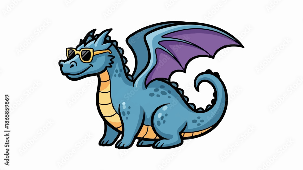 Naklejka premium A cool blue dragon with purple wings and yellow sunglasses sits on a white background