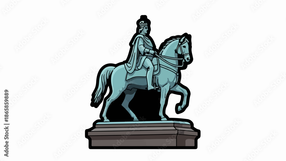 Fototapeta premium A stylized statue depicts a regal figure on horseback, rendered in cool blue tones
