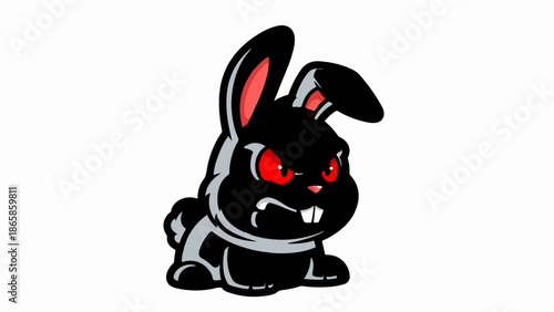 A cartoon black rabbit with red, angry eyes and sharp teeth