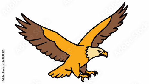 A cartoon eagle with outstretched wings, detailed feather lines, and sharp talons