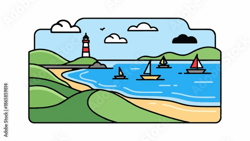 Stylized coastal scene with rolling green hills, a sandy beach, and a calm blue sea dotted with sailboats. A lighthouse stands guard