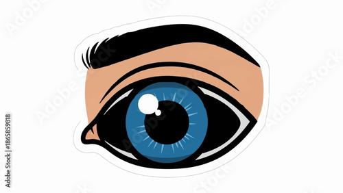 A stylized illustration of a human eye with blue iris and dark lashes